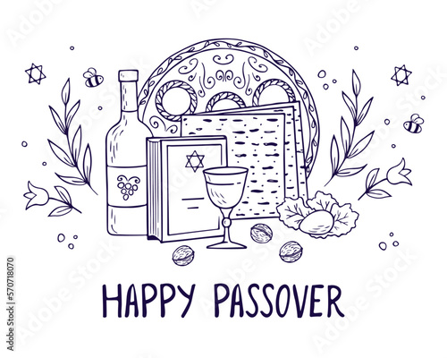 Passover greeting card, poster, invitation. Jewish holiday. Passover template for your design with matzah, wine bottle, glass, torah and spring flowers. Happy Passover inscription. Vector