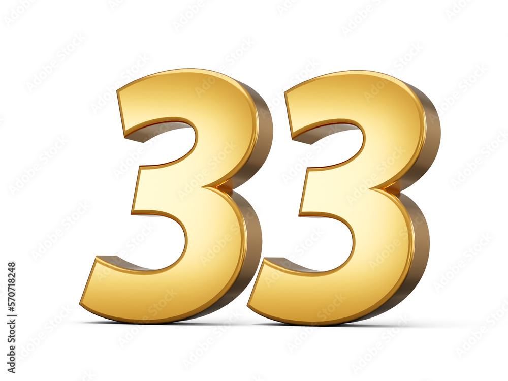 Golden metallic Number 33 thirty three, White background 3d illustration Golden metallic Number 33 thirty three, White background 3d illustration