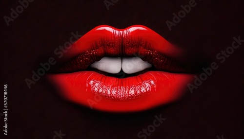  a woman's lips with red lipstick and white teeth, with a black background and a red background with a white spot in the middle of the lip.  generative ai