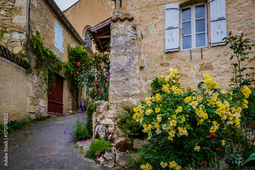 Fototapeta Naklejka Na Ścianę i Meble -  Flowery street of the small village of Lavardens in the south of France (Gers)
