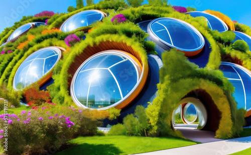 AI Generative Image of futuristic eco friendly green houses