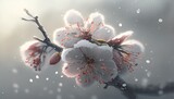  a branch of a flowering tree with snow on it's leaves and buds in the foreground, with a gray sky in the background.  generative ai