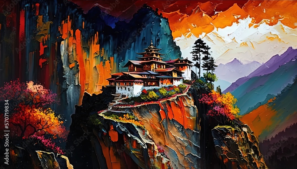 Obraz premium paint like illustration of beautiful village on mountain, inspired from Bhutan or Nepal theme, Generative Ai