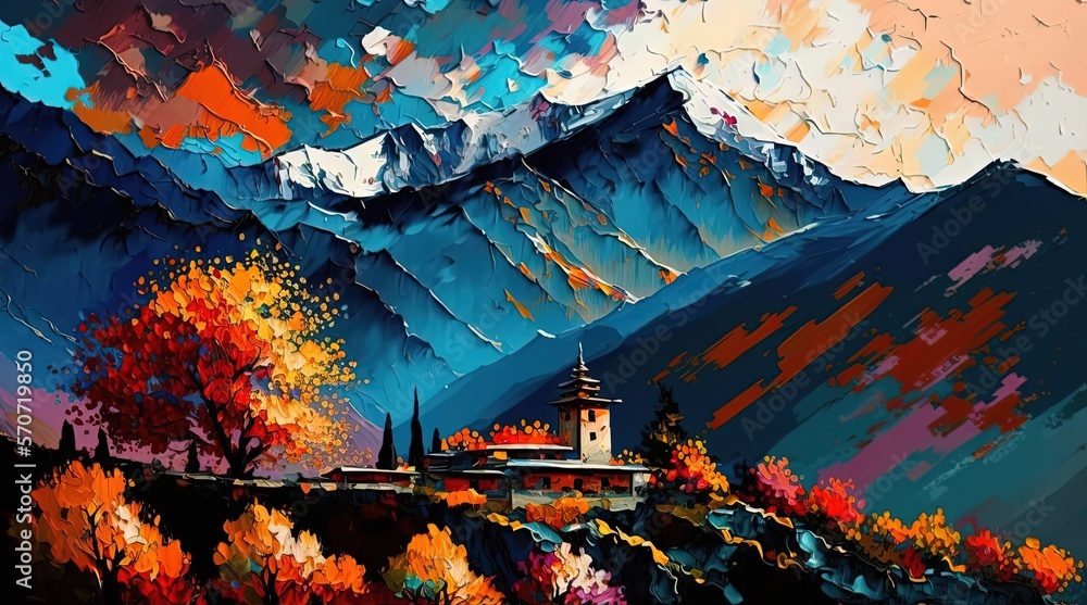 Obraz premium paint like illustration of beautiful village on mountain, inspired from Bhutan or Nepal theme, Generative Ai