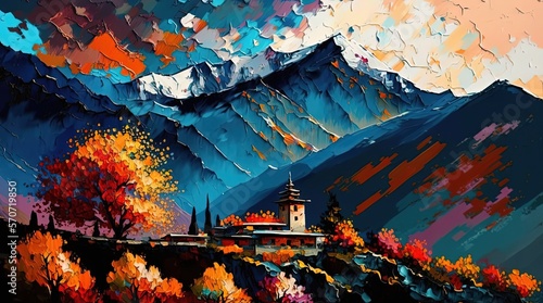 paint like illustration of beautiful village on mountain  inspired from Bhutan or Nepal theme   Generative Ai