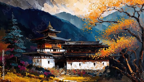 paint like illustration of beautiful village on mountain, inspired from Bhutan or Nepal theme, Generative Ai