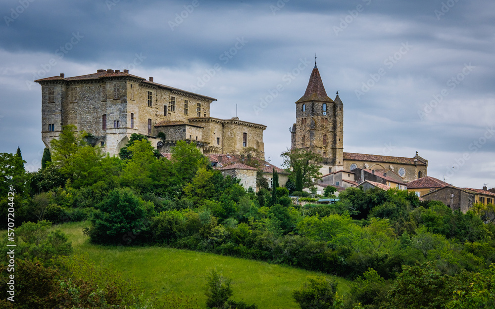 View on Lavardens medieval castle and church from afar, a small village in the south of France (Gers)