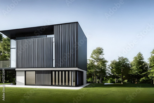 beautiful modern house in cement and glass, view from the garden,  Created using generative AI tools. © © Raymond Orton