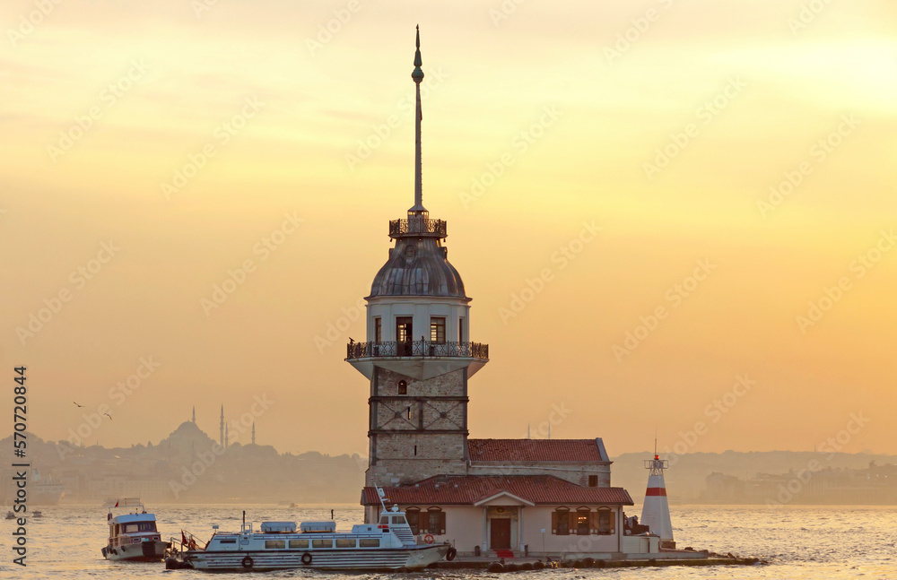 Famous Maiden's Tower at sunset. Bosporus sea channel, Istanbul, Turkey