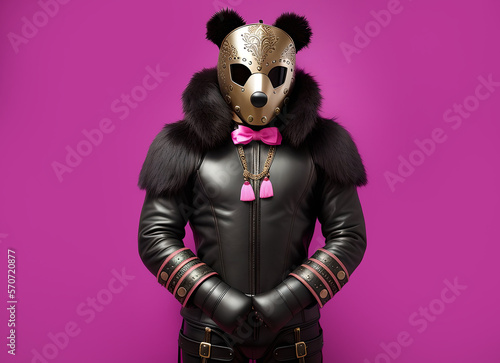 A man wearing a bear mask and leather fur clothing at a bdsm party on a blank pink background copy paste illustration created by Generative AI
