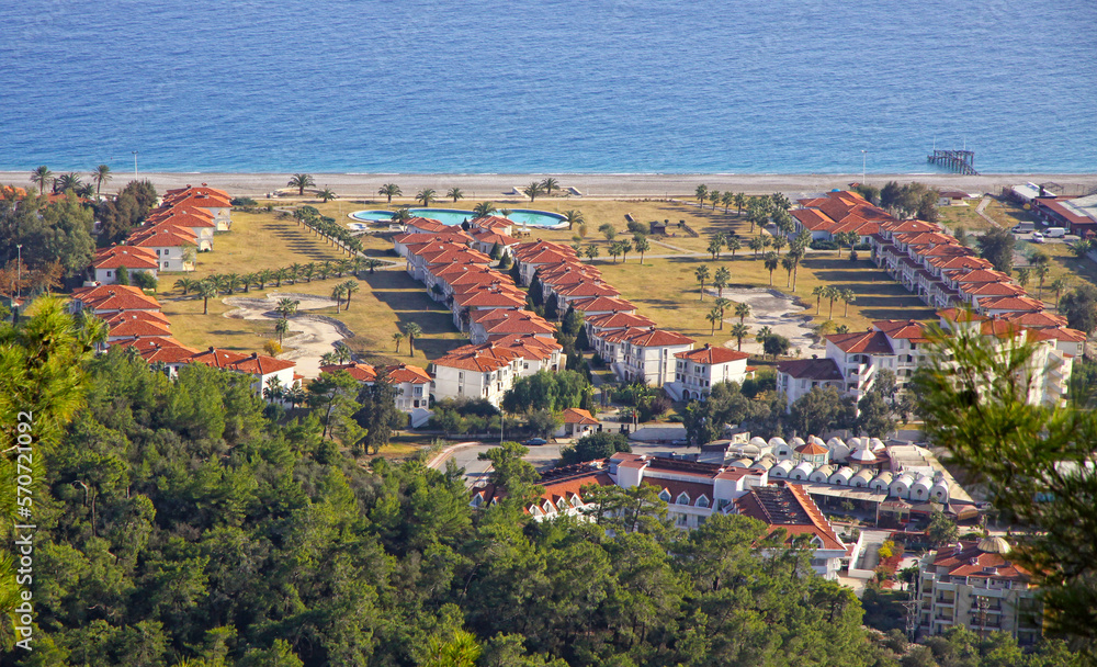 Aerial view of hotels in Kemer city - famous Mediterranean resort. Antalya Province, Turkey