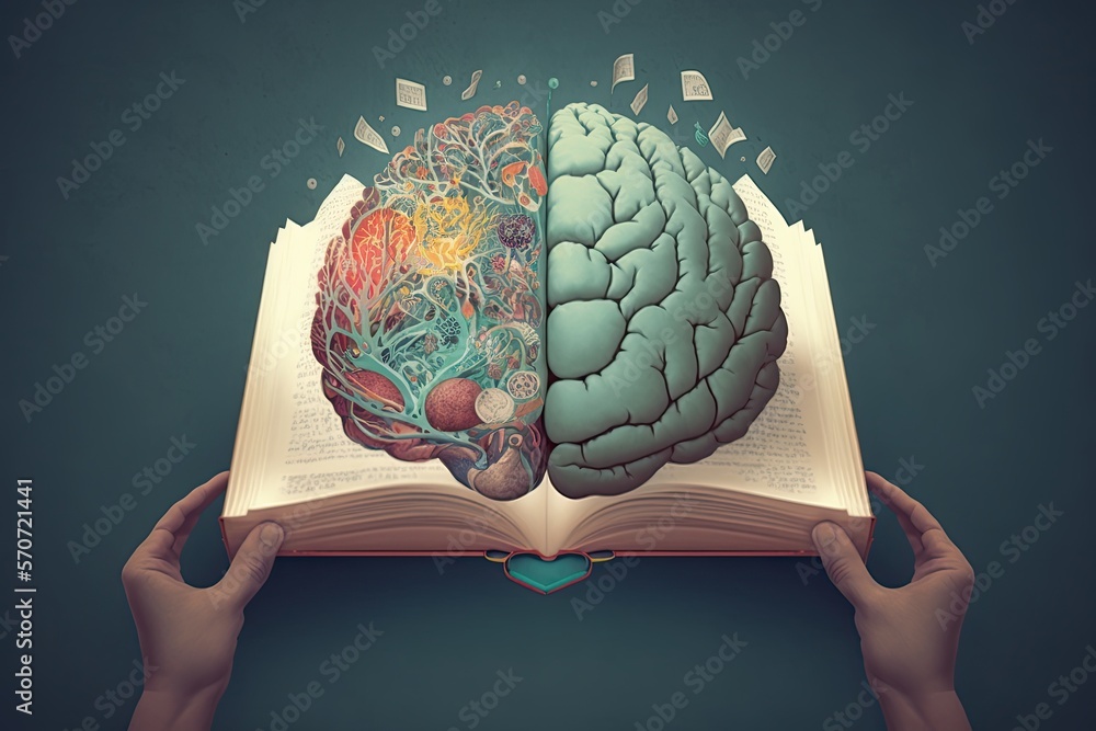 Human brain on a book and color background. Minimal abstract concept of school, culture, intelligence, reading or education. Charger for brain idea. Generative AI - obrazy, fototapety, plakaty 