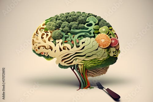 Food in a shape of a brain on a colorful background. Nutrition concept. Generative AI