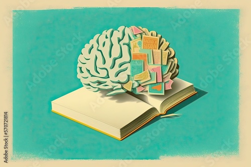 Human brain on a book and color background. Minimal abstract concept of school, culture, intelligence, reading or education. Charger for brain idea. Generative AI