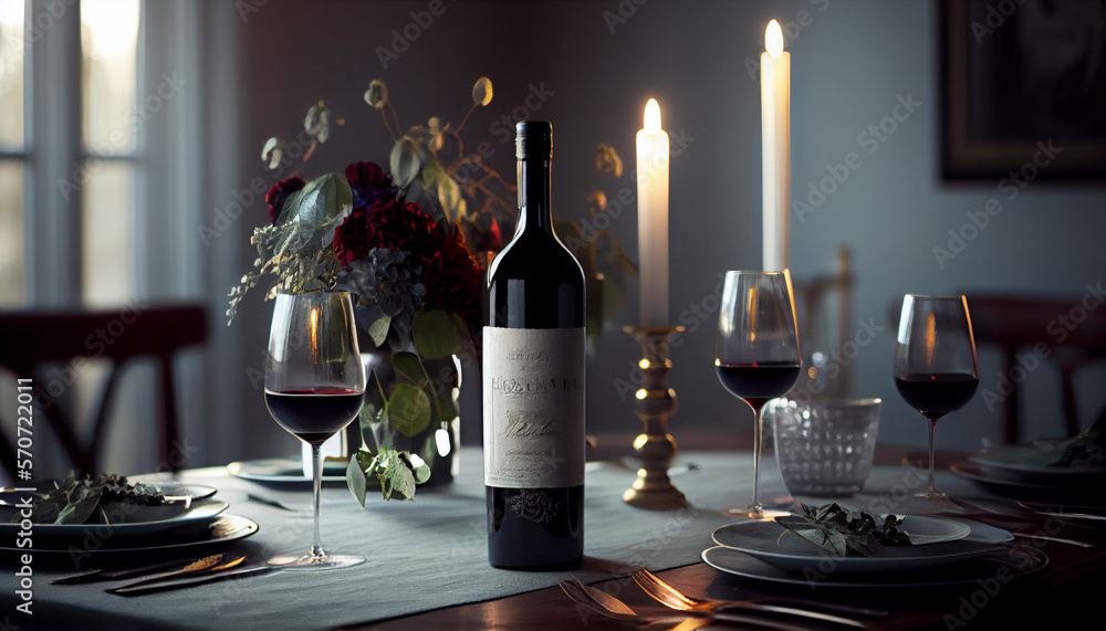 A bottle of red wine on an elegant dining table generative AI