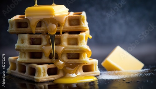  a stack of waffles with syrup on top of it and a butter cube on the side of the stack next to it and a piece of butter.  generative ai photo