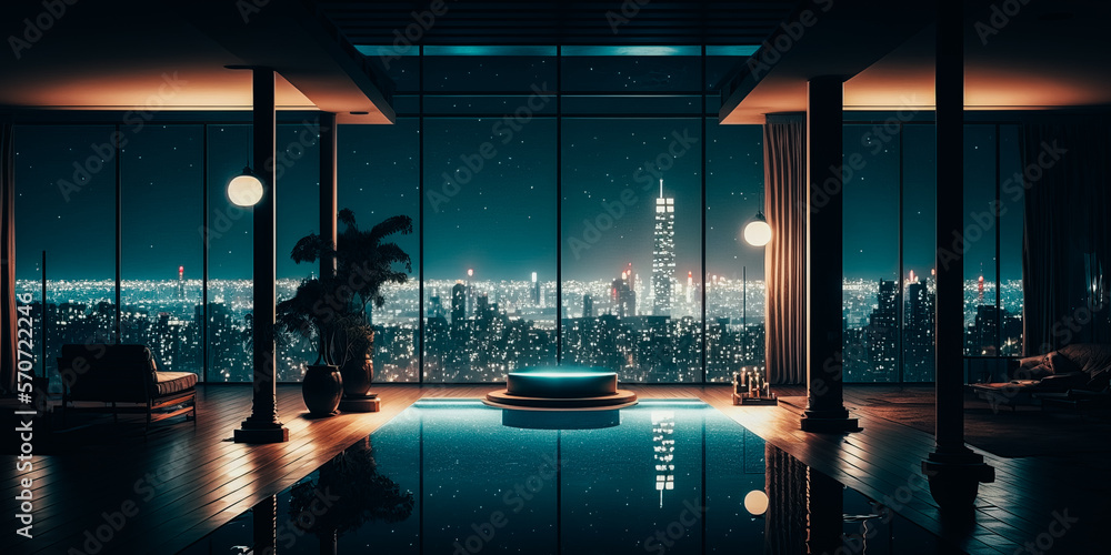 Image showcasing A breathtaking view of the city from a luxurious penthouse with a ...