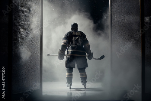 Ice hockey player ready for match in stadium with smoke and spotlights around. photo