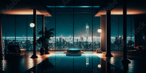 A breathtaking view of the city from a luxurious penthouse with a stunning swimming pool © v.senkiv