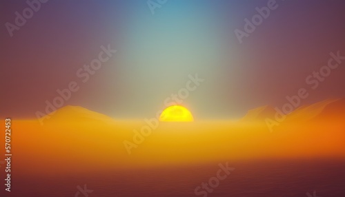  the sun is setting over the mountains in the distance, with a hazy sky in the foreground and a distant horizon in the background. generative ai