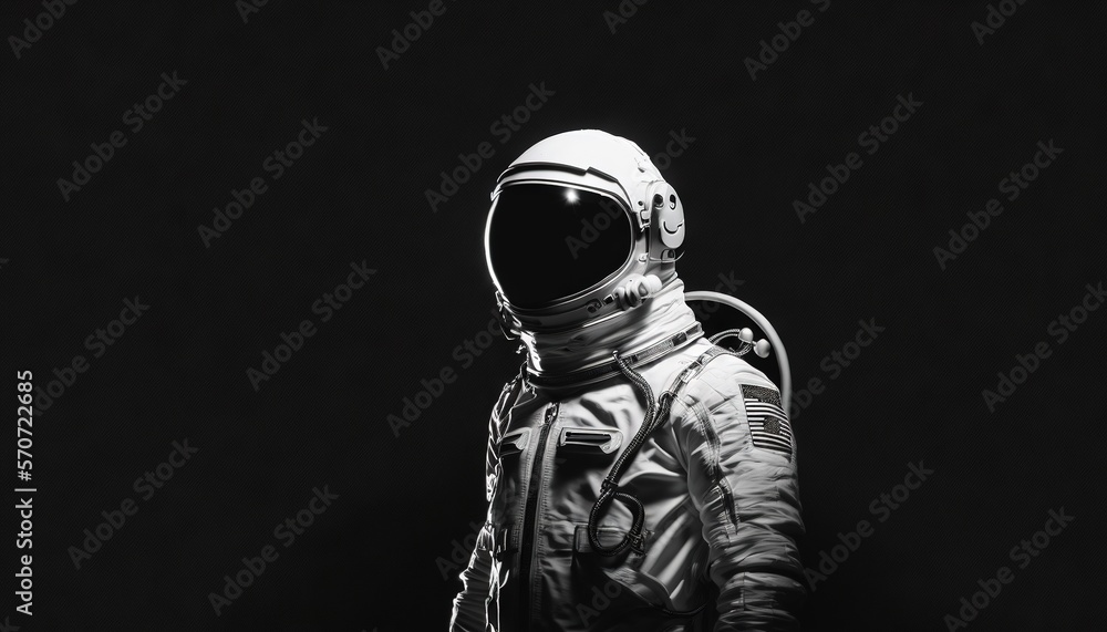  a black and white photo of a person in a space suit with a helmet and a chain around his neck, standing in a dark room.  generative ai