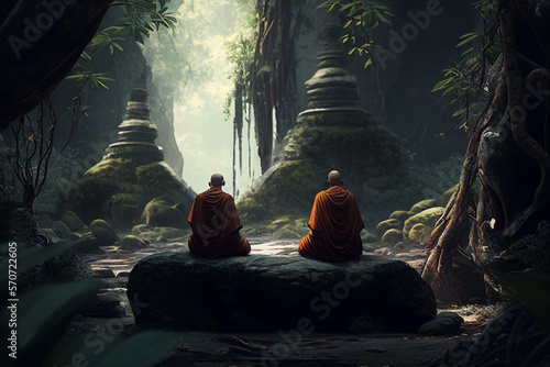 Meditating monks in peaceful jungle forest environment near lake, practicing breath work in robes. photo