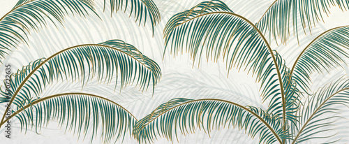 Tropical palm leaves with golden line elements on white background. Botanical banner with exotic plants for wallpaper design, decor, packaging, print, textile.