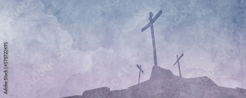 A silhouette of three empty crosses at Calvary, with clouds in background. Symbolic of Easter, Good Friday, and the resurrection of Jesus Christ.