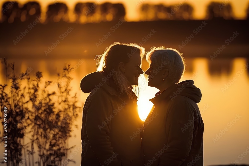 Standing mature lesbian couple close to each other in front of a lake at sunset with the sun setting behind them. Generative AI