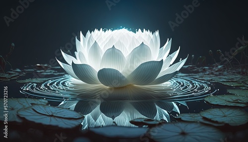  a large white flower sitting on top of a lake of water surrounded by lily pads and lily padding in the dark blue light of the night.  generative ai #570723216