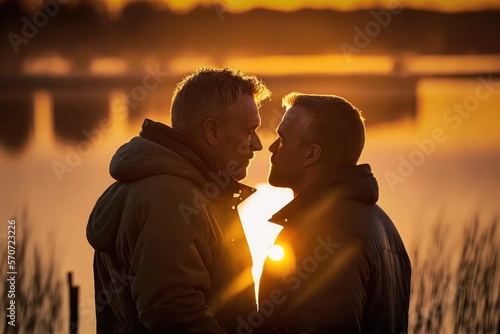 Standing mature gay men couple close to each other in front of a lake at sunset with the sun setting behind them. Generative AI  
