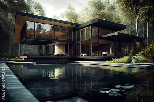 House minimaist black hill wood modern glass swiming pool patio terraces.