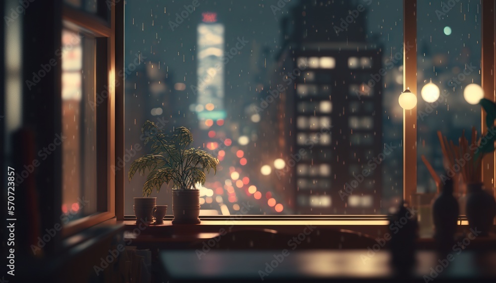  a potted plant sitting on a window sill in front of a cityscape at night with lights from a nearby building in the distance.  generative ai