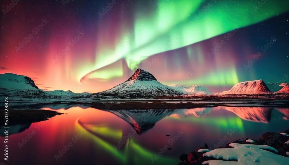  the aurora bore is reflected in the still water of a lake with mountains in the background and a bright green and red aurora bore is in the sky.  generative ai