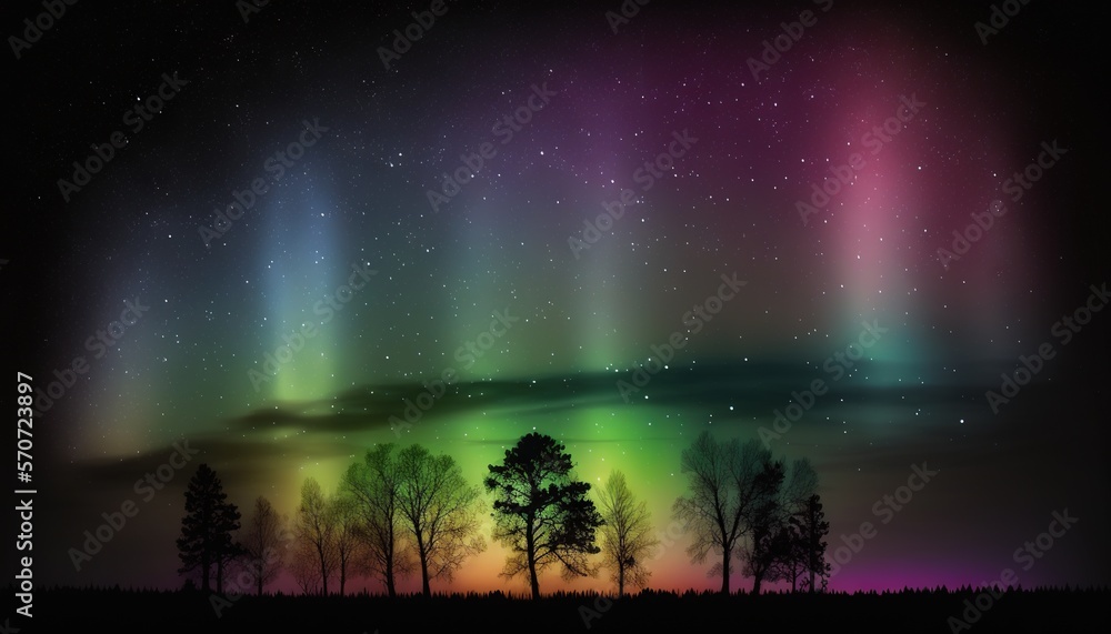  the aurora bore is visible in the sky above the trees and the stars in the sky above the trees and the stars in the sky.  generative ai