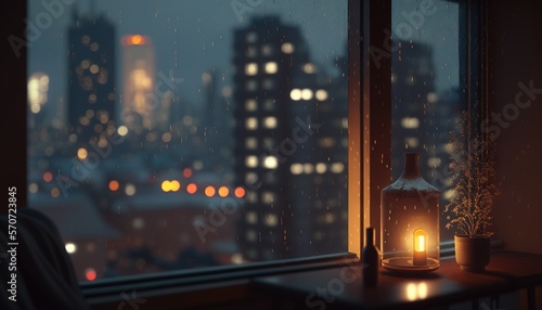  a window with a lit candle on it in front of a cityscape at night with a view of skyscrapers and a skyscraper. generative ai
