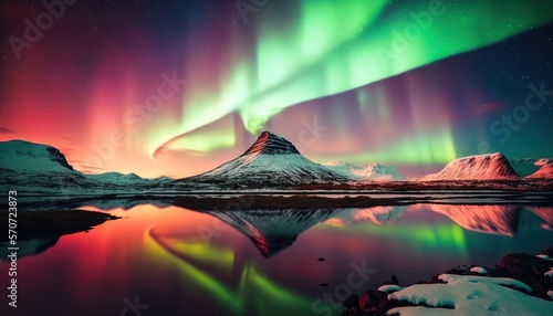  the aurora bore is reflected in the still water of a lake with mountains in the background and a bright green and red aurora bore is in the sky. generative ai