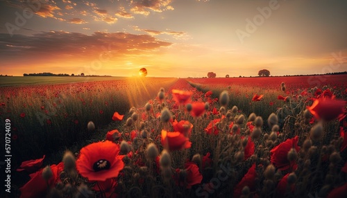  a field of red flowers with the sun setting in the distance behind it and a tree in the distance in the foreground, with a field of tall grass and red flowers in the foreground. generative ai
