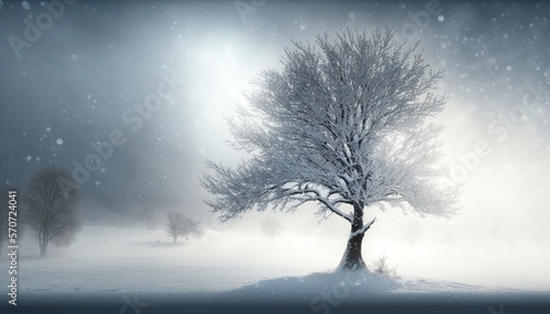  a lone tree in a snowy landscape with a sunbeam in the background. generative ai