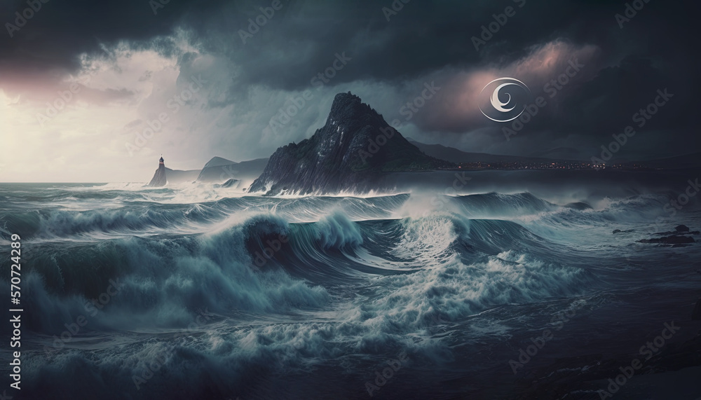  a painting of a lighthouse in the middle of a stormy sea with a moon in the sky above the waves and a lighthouse on a hill in the distance.  generative ai