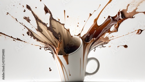  a coffee cup with chocolate splashing out of it's side and into the air, on a white surface, with a white background. generative ai