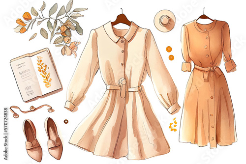 Detailed watercolor drawing an nice outfit and objects for female, in retro style, Generative AI