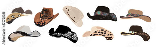 Fotografia, Obraz Set of different cowboy hats with traditional western decorations