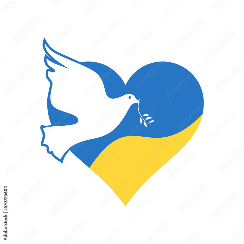 Obraz premium Flag of Ukraine in the form of a dove of peace. on heart. The concept of peace in Ukraine. Vector illustration isolated on white background for design and web.