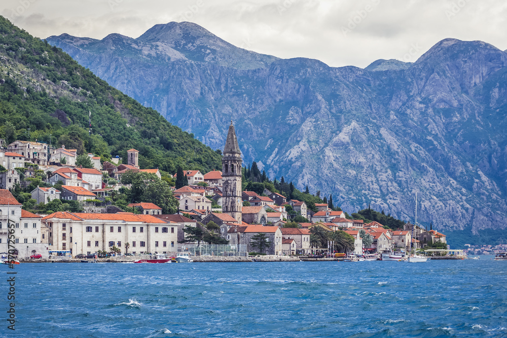 View on Perast village on the shore of Kotor Bay, Montenegro