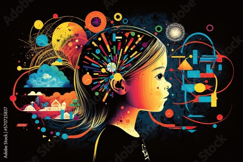 Abstract visualization of childs curiosity and learning with colorful patterns representing desire for knowledge, concept of Exploration and Creativity, created with Generative AI technology