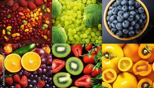  a collage of different fruits and vegetables with a bowl of fruit in the middle and a bowl of fruit in the middle of the picture.  generative ai