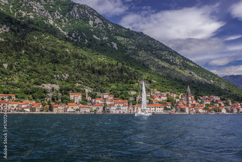 View of Perast village on the shore of Kotor Bay, Montenegro