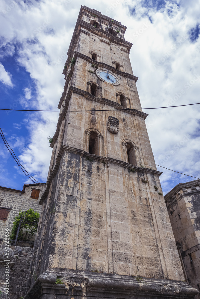 Fototapeta premium Bell tower of St Nicholas Church in Perast village, Kotor Bay, Montenegro