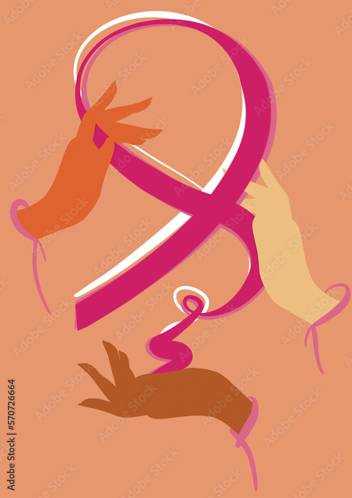 women's breast cancer awareness. Illustration of the pink ribbon and women's hands surrounding it. women's breast cancer awareness. Illustration of the pink ribbon and women's hands surrounding it.